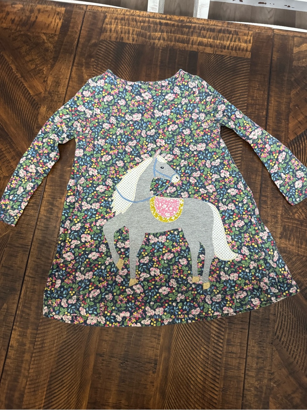 Girls Floral Horse Long-Sleeve Dress Top - Navy Multi